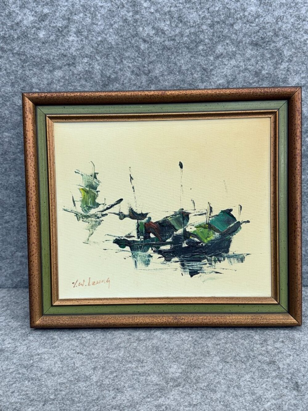 Vintage Y.W. Leung Original Oil Painting Mid Century Chinese Junk Boats Framed